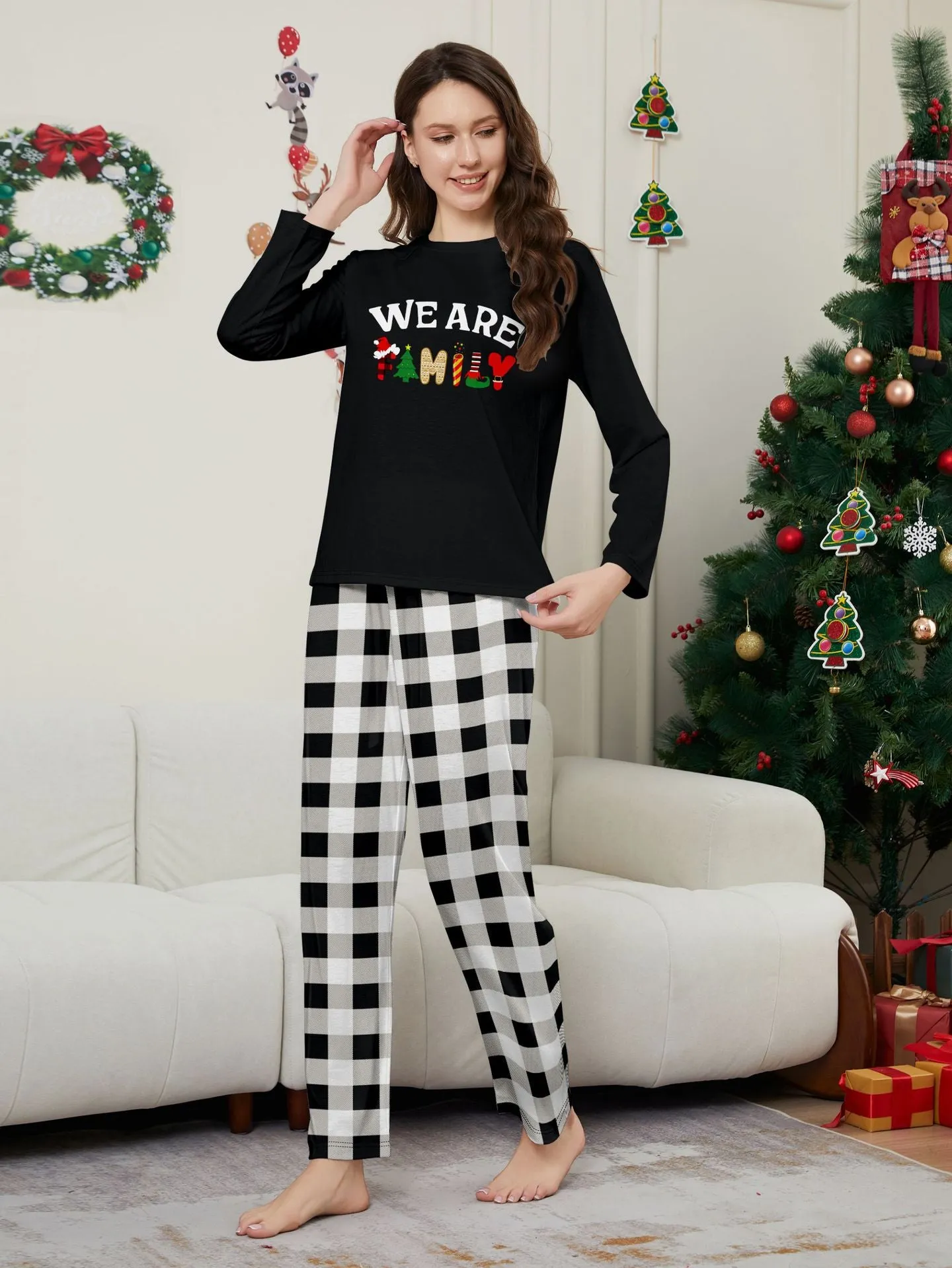 “We Are Family” Long Sleeve Monogrammed Plaid Parent-Child Pajamas