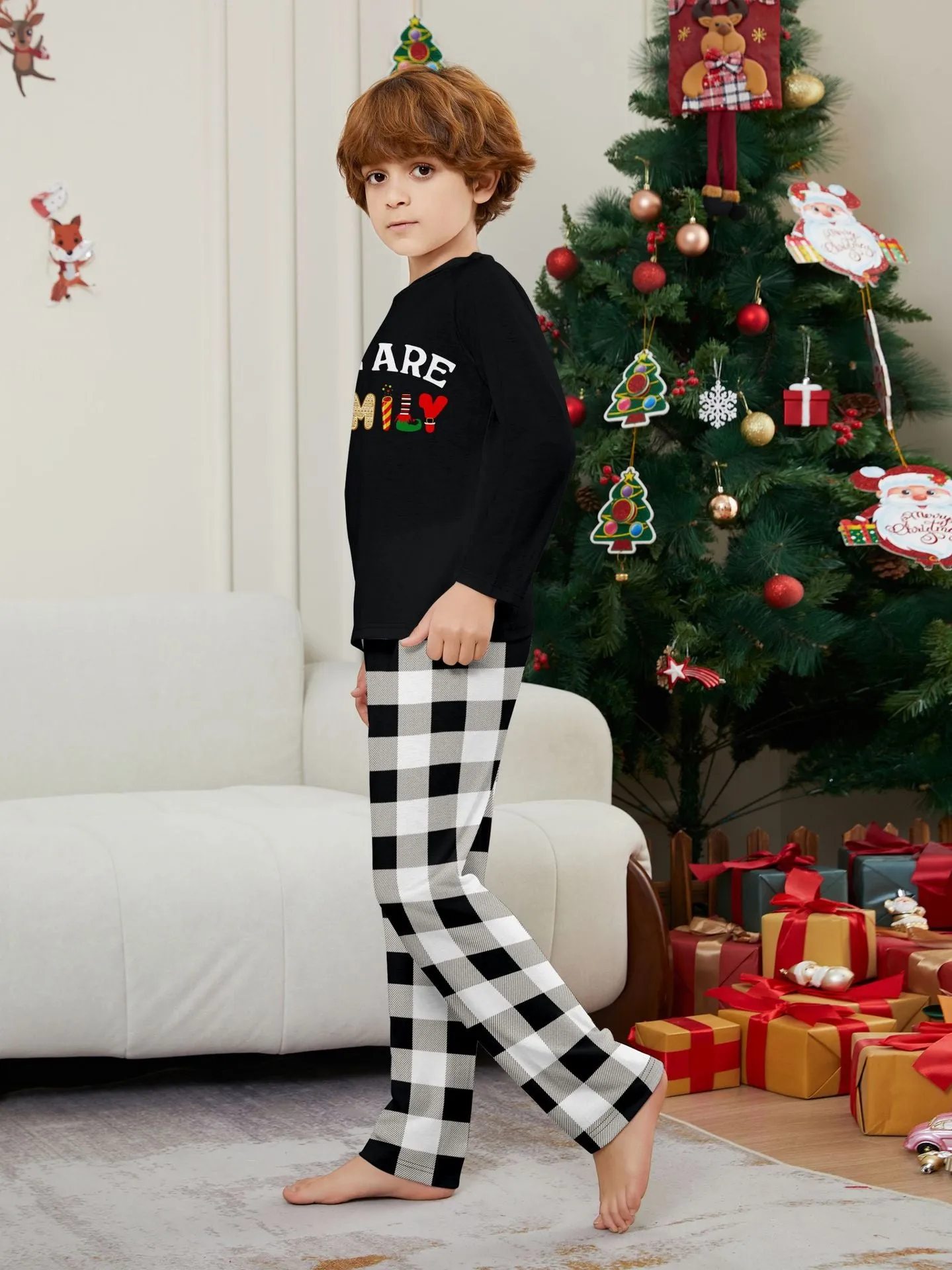 “We Are Family” Long Sleeve Monogrammed Plaid Parent-Child Pajamas